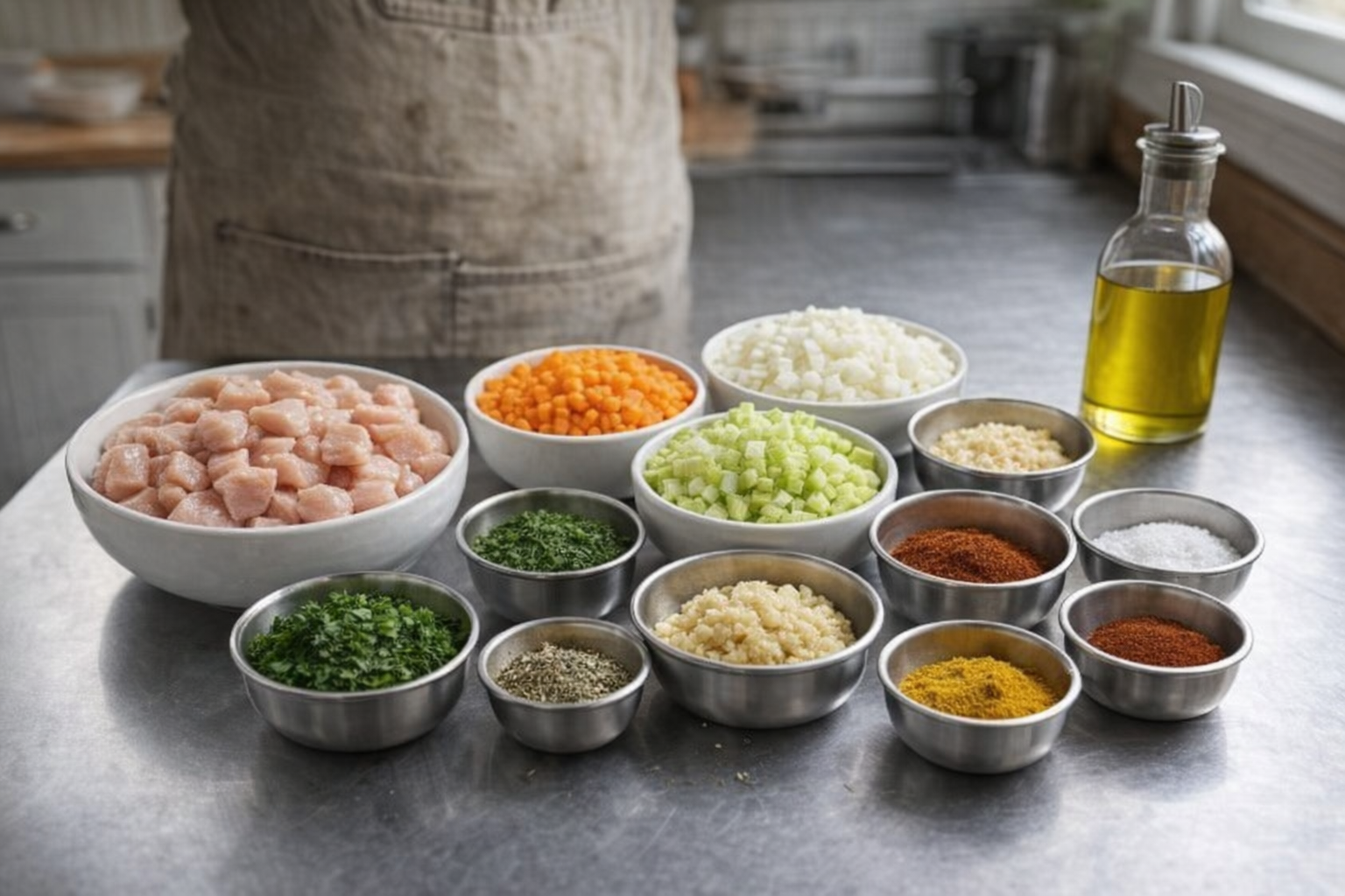 A chef's mise en place featuring diced chicken, chopped vegetables, herbs, spices, and olive oil in small bowls on a stainless steel countertop, bright kitchen lighting